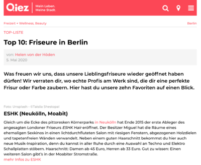 ESHK Friseur Neukölln and Moabit featured on Qiez.de top 10 best hairdresser Berlin