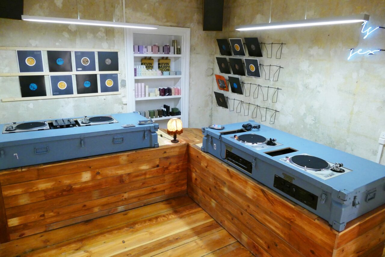 reception and record store with preview stations in neukolln berlin