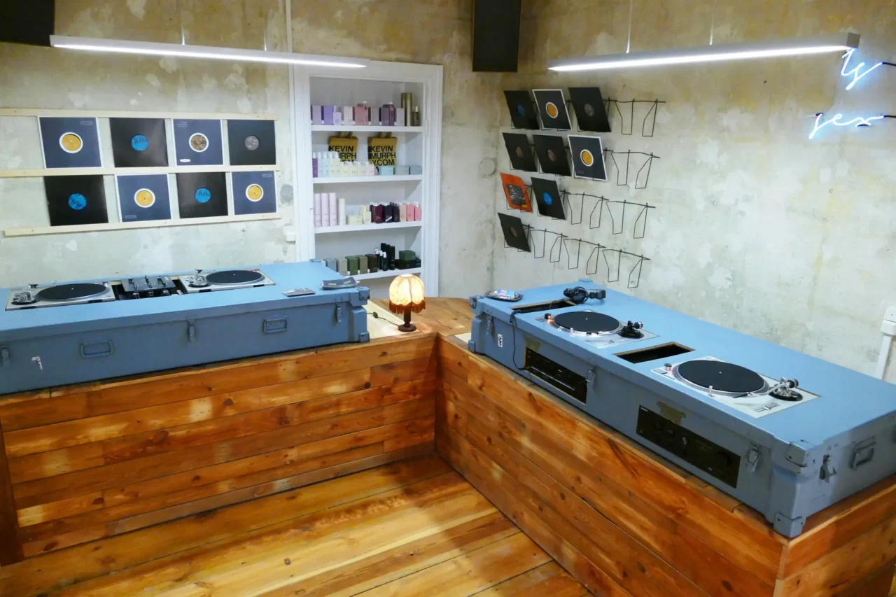 reception and record store with preview stations in neukolln berlin