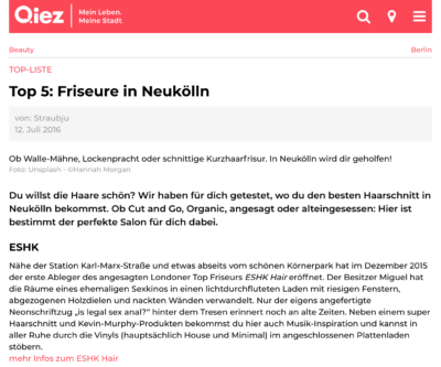 ESHK Friseur Neukölln featured on Qiez.de top 10 best hairdresser Neukölln