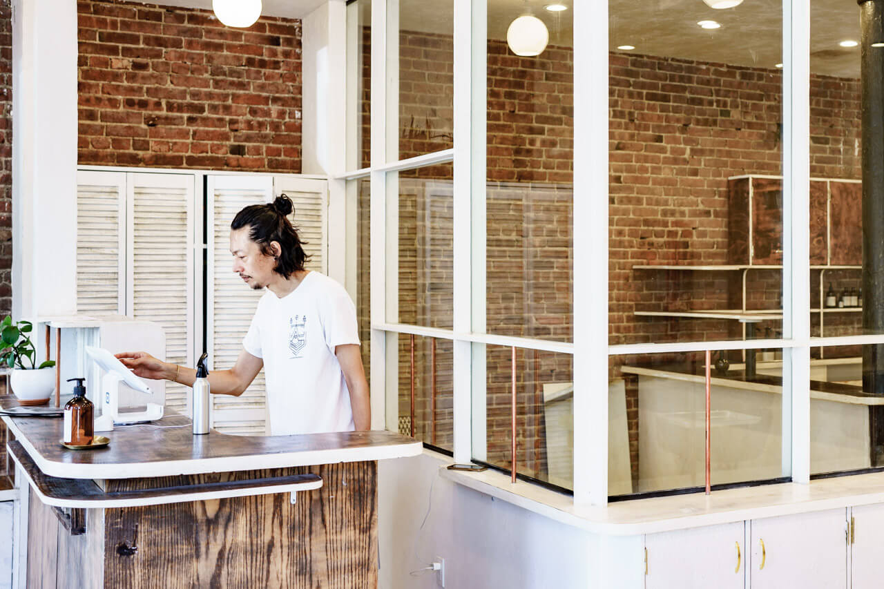 reception area with takeo interior design hair salon brooklyn