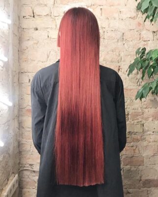 long dark red bordeaux hair colour bangs at eshk hair salon moabit berlin