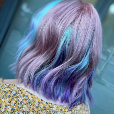soft pink hair colour with purple and blue undercolour balayage at ESHK hair Clerkenwell London