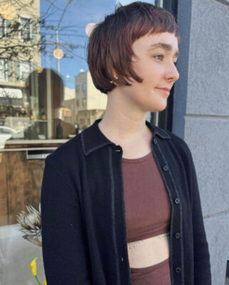 short bob haircut dark red hair color ESHK Brooklyn salon