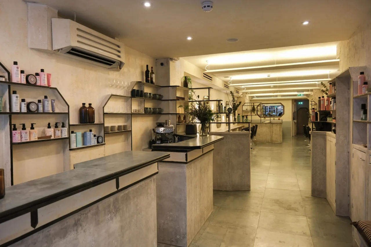 Bermondsey hair salon custom interior design polished concrete and textured plaster finishes at ESHK