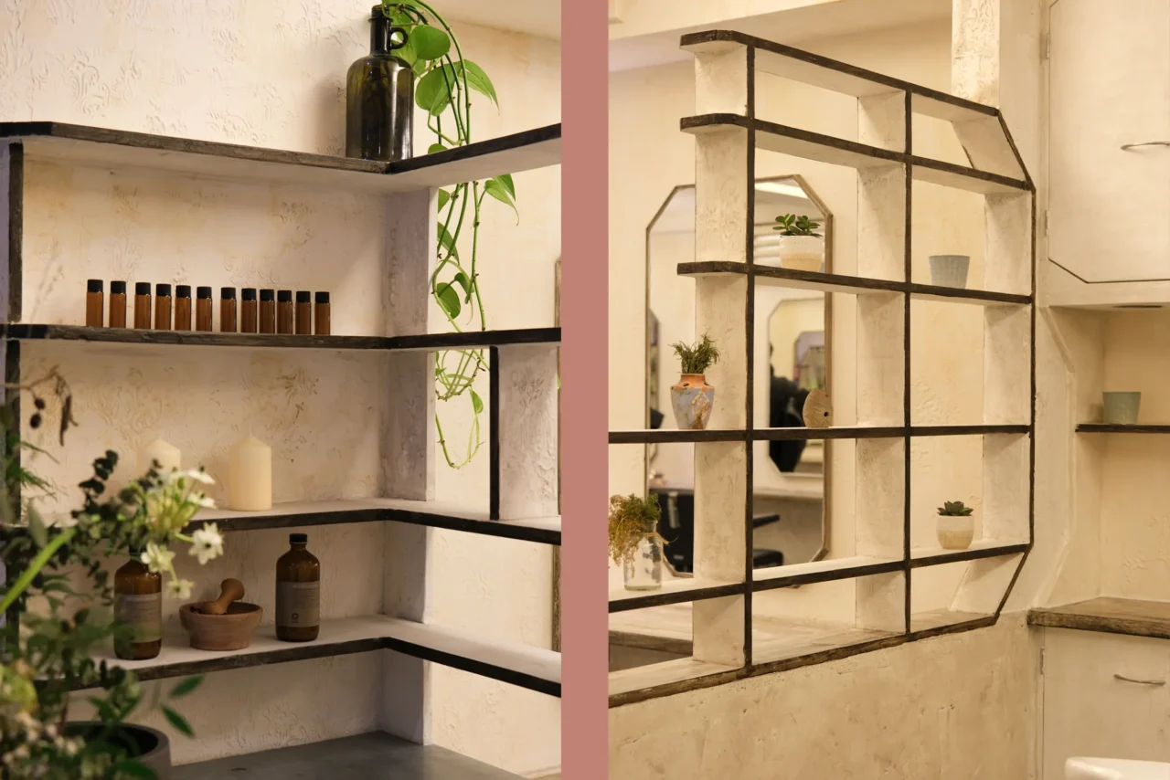 Bermondsey hairdresser storage open shelving with Oway hair products at ESHK