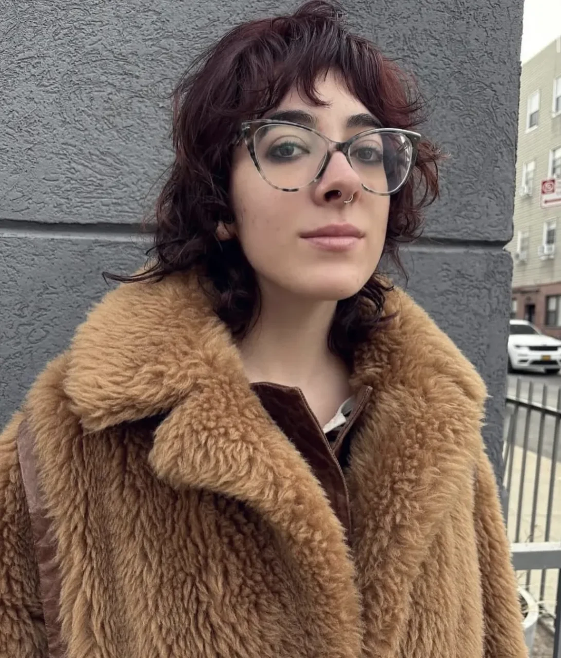 dark red shag haircut choppy bangs by Reina ESHK Hair Salon Brooklyn